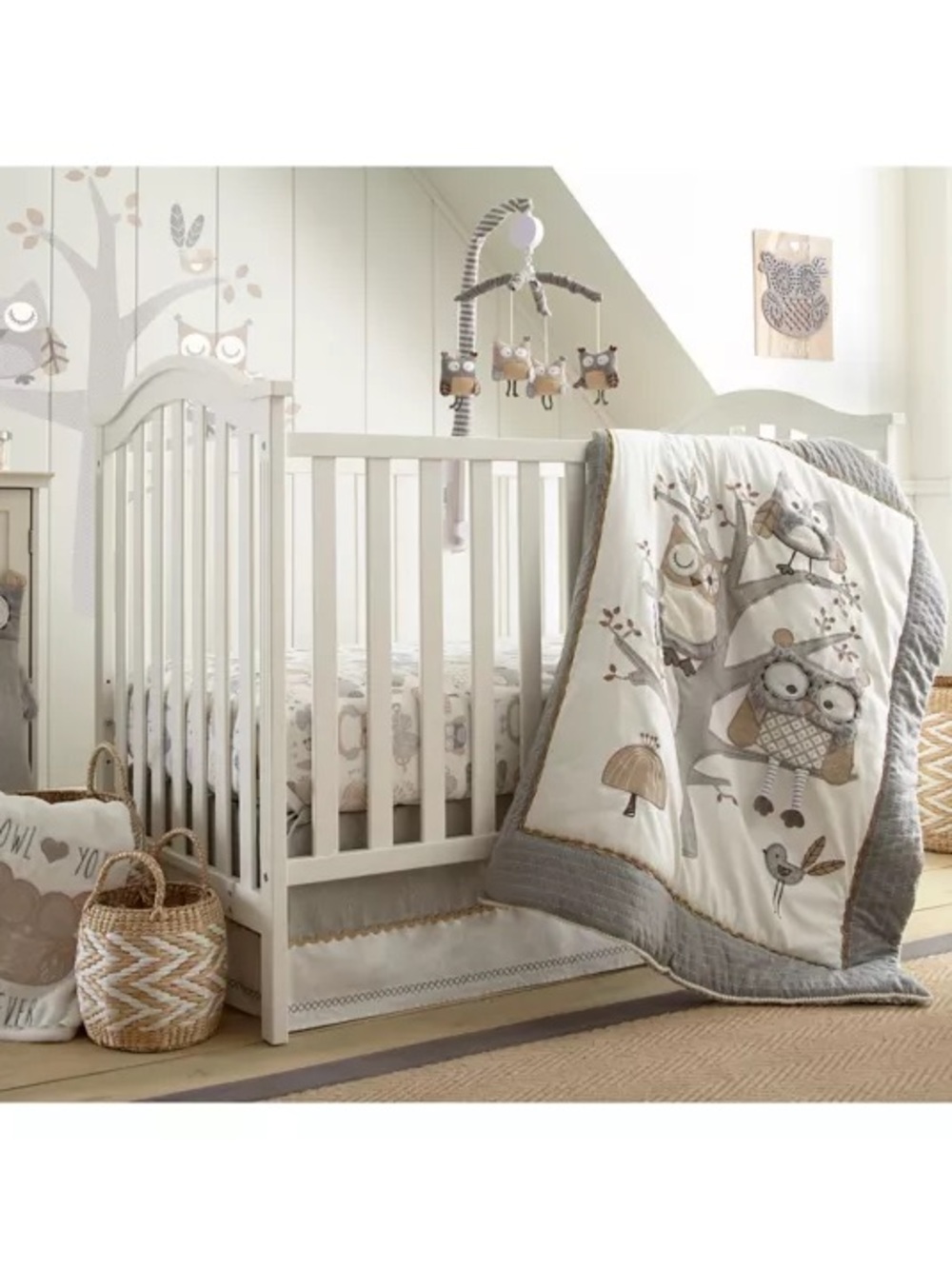 Levtex Night Owl Crib Bedding Set - Cream and Gray